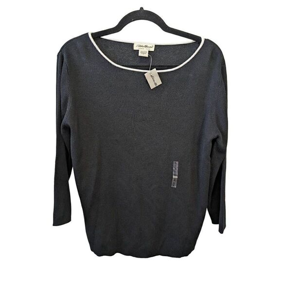 NWT Eddie Bauer Boatneck Cotton Sweater Long Sleeve Black Women Size Large - Picture 1 of 5